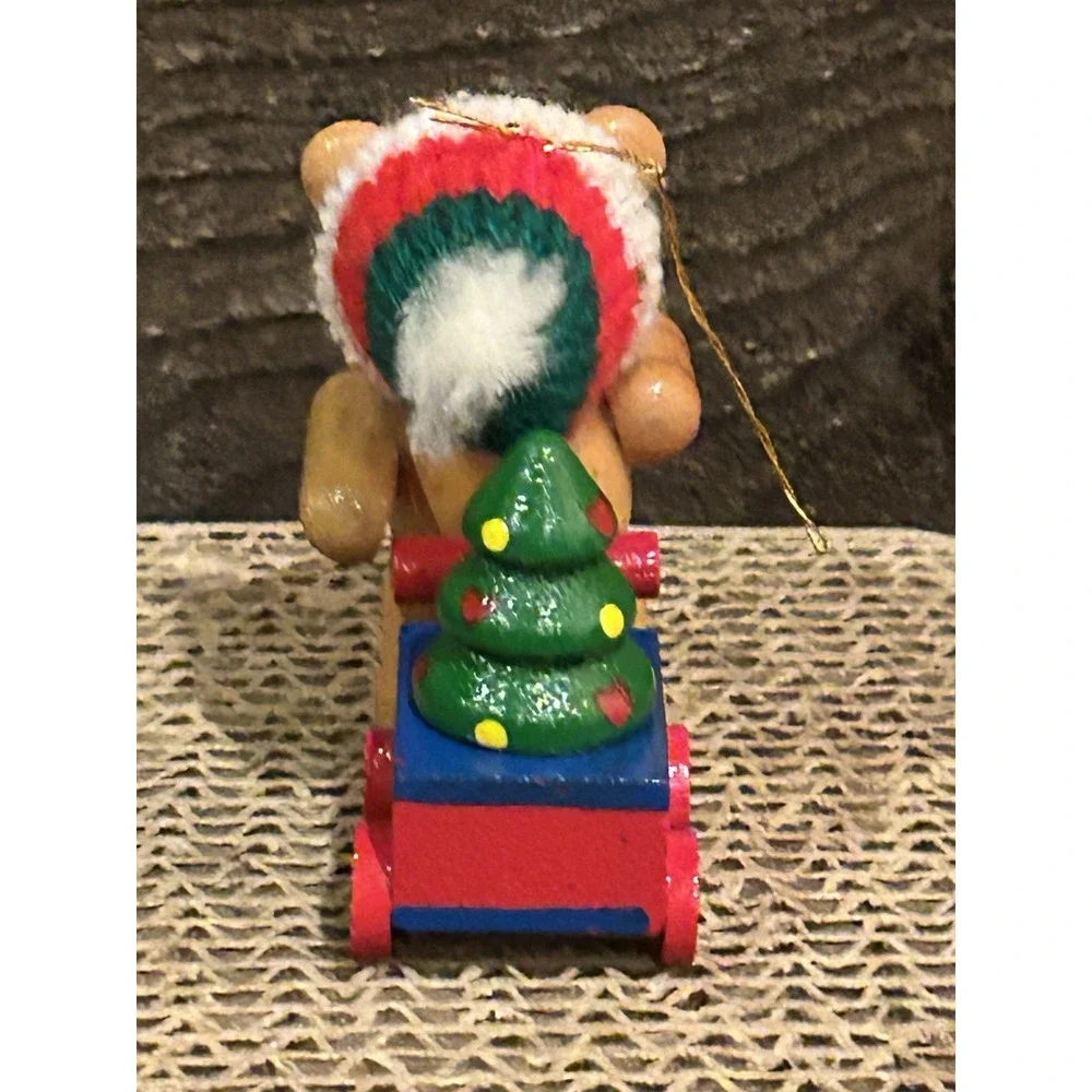 VTG 1986 Wooden teddy bear wagon tree heart ornament‎ Xmas decor